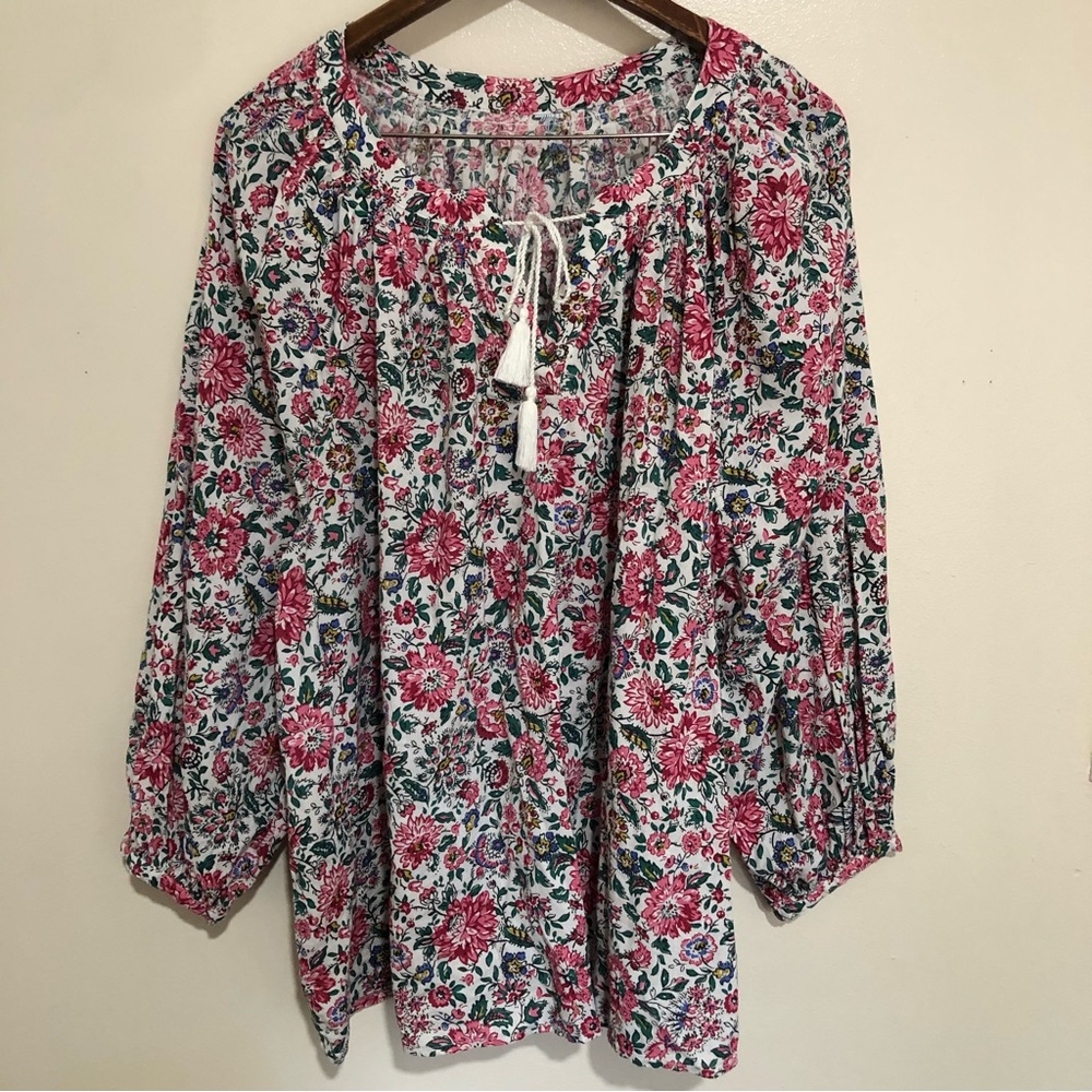 Womens Bohemian Floral V Neck Front tie puff sleeve Blouse. Size XXL. - Picture 1 of 12